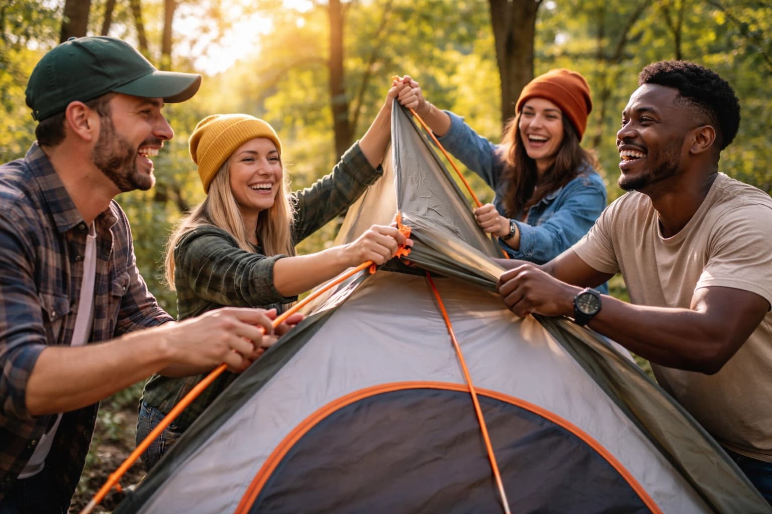 Happy campers in front of their tent
